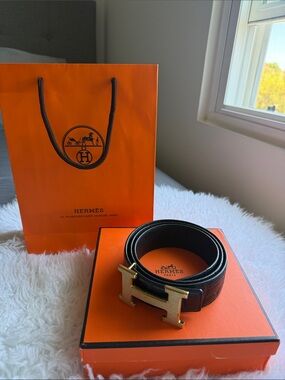 Hermes Black Leather Belt with Gold H Buckle